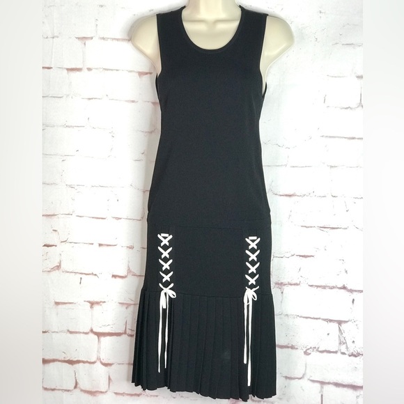 PARKER XS Kennedy Black Knit Pleated Skirt Drop Waist Lace Up Ties Tank Dress XS - Picture 8 of 16